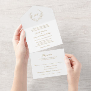 Invitation Tout En Un Couronne d'or Monogramme Élégant Mariage