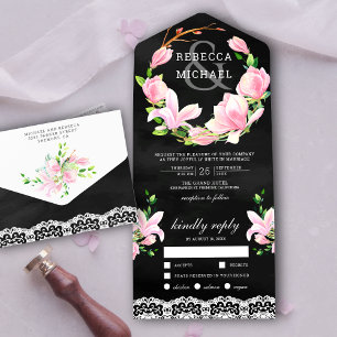 Invitation Tout En Un Couronne florale de magnolia rose Mariage noir