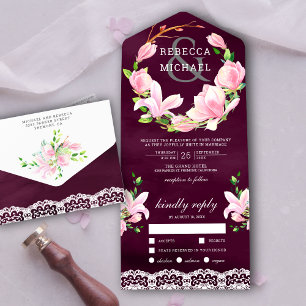 Invitation Tout En Un Couronne florale de magnolia rose mariage violet p