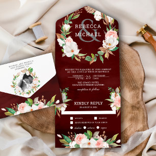 Invitation Tout En Un Couronne florale rose saumon Magnolia Mariage bord