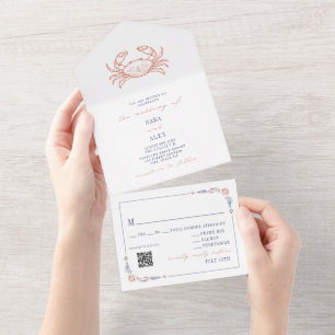 Invitation Tout En Un Crabe vintage rouge et bleu RSVP Beach QR Mariage