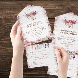 Invitation Tout En Un Crâne de vache floral rustique de Boho occidental