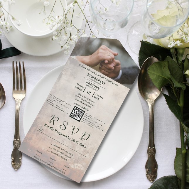 Invitation Tout En Un Cream Patiné Whitewash Texture QR Code Photo (Créateur téléchargé)