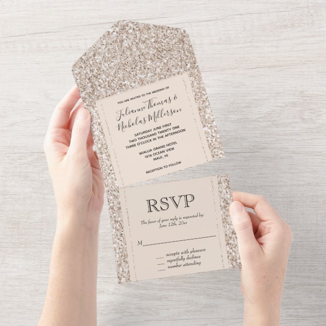 Invitation Tout En Un Crème Blanche Pailletée Glitzy     (Déchirure)