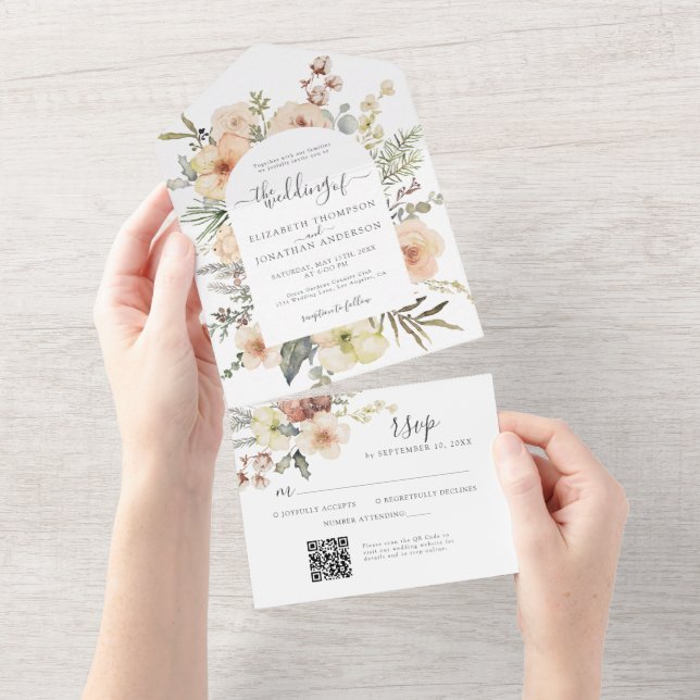 Invitation Tout En Un Crème Boho Noël QR Code Hiver Floral Mariage (Déchirure)