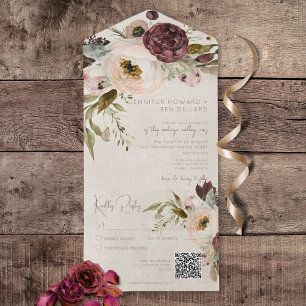 Invitation Tout En Un Crème Bourgogne et pivoines Vintages roses Code QR