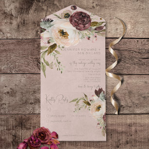 Invitation Tout En Un Crème Bourgogne rose Vintage pivoines rose Pas de