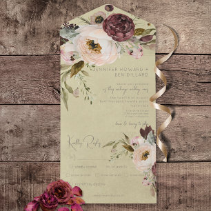 Invitation Tout En Un Crème de Bourgogne et pivoines roses Vintages Dîne