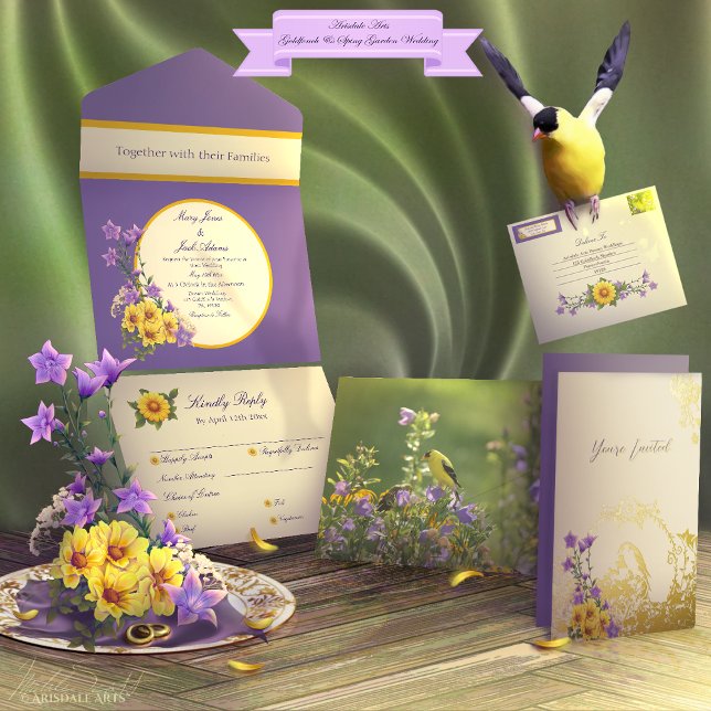 Invitation Tout En Un Crème de mariage du jardin de printemps Goldfinch (Spring into your wedding with Arisdale Arts Goldfinch Garden and Spring Garden Collection set.)