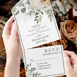 Invitation Tout En Un Crème Florale au blanc Rose Mariage de verdure
