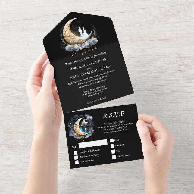 Invitation Tout En Un Crescent lune mariée couple silhouette céleste (Déchirure)