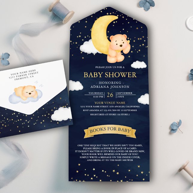Invitation Tout En Un Crescent Moon Marine Blue Teddy Bear Baby shower (Créateur téléchargé)