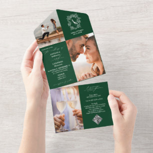 Invitation Tout En Un Crest Initial 3 Photo RSVP Emerald Green Mariage