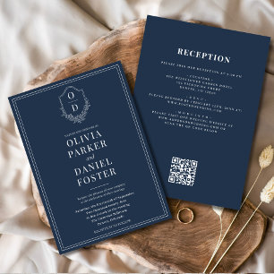 Invitation Tout en un Crest Marine Bleu QR Code Mariage