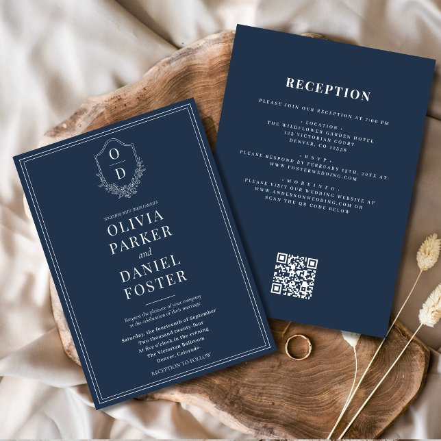 Invitation Tout en un Crest Marine Bleu QR Code Mariage (Créateur téléchargé)
