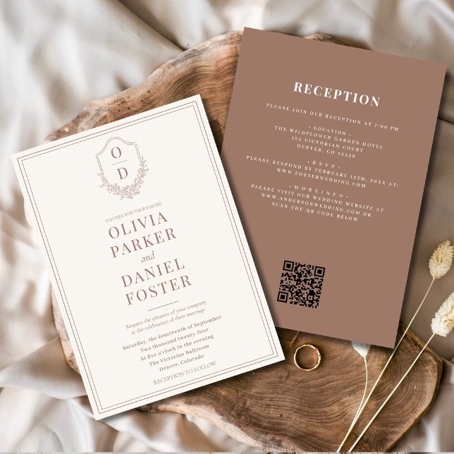 Invitation Tout en un Crest Mocha Brown QR Code Mariage (Créateur téléchargé)