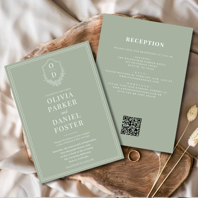Invitation Tout en un Crest Sage vert QR Code Mariage (Créateur téléchargé)