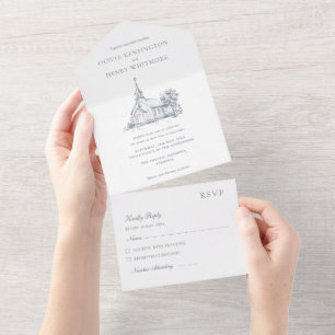 Invitation Tout En Un Croquis de lieu   Mariage à l'église