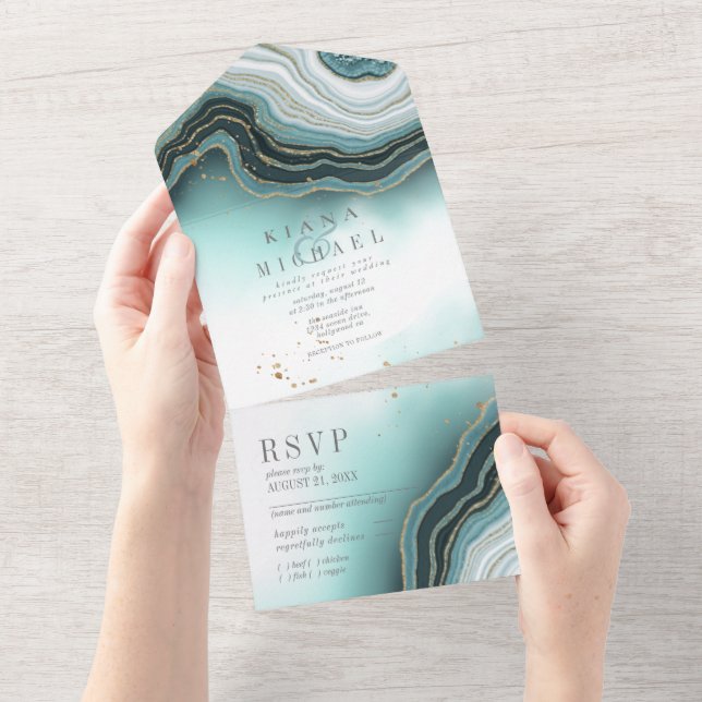 Invitation Tout En Un Crystal Agate Mariage Turquoise ID825 (Déchirure)