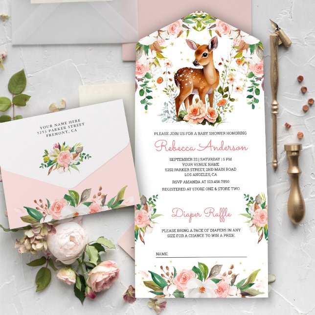 Invitation Tout En Un Cute aquarelle Baby shower de cerfs floraux (Créateur téléchargé)