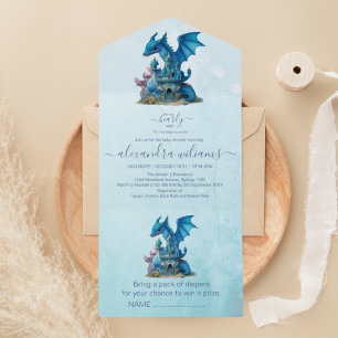 Invitation Tout En Un Cute Aquarelle Baby shower Dragon Bleu