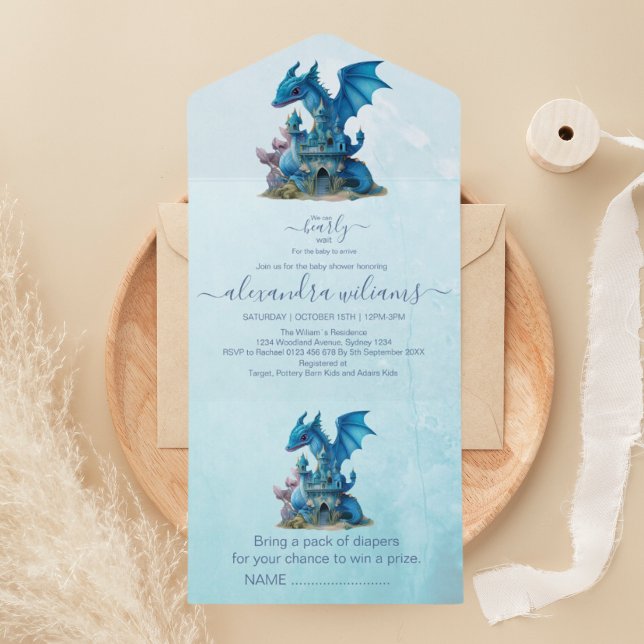 Invitation Tout En Un Cute Aquarelle Baby shower Dragon Bleu (Créateur téléchargé)