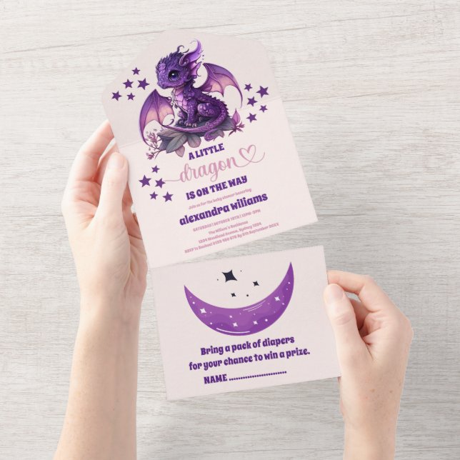 Invitation Tout En Un Cute aquarelle violet Baby shower Dragon (Déchirure)