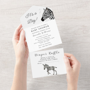 Invitation Tout En Un Cute Baby Zebra Safari Jingle Aquarelle Noire