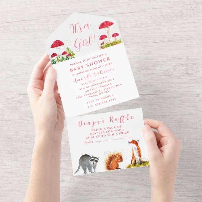 Invitation Tout En Un Cute bébé écureuil Toadstool Fox Animal Aquarelle (Déchirure)