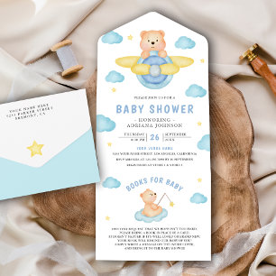 Invitation Tout En Un Cute Blue Avion Boy Teddy Bear Baby shower