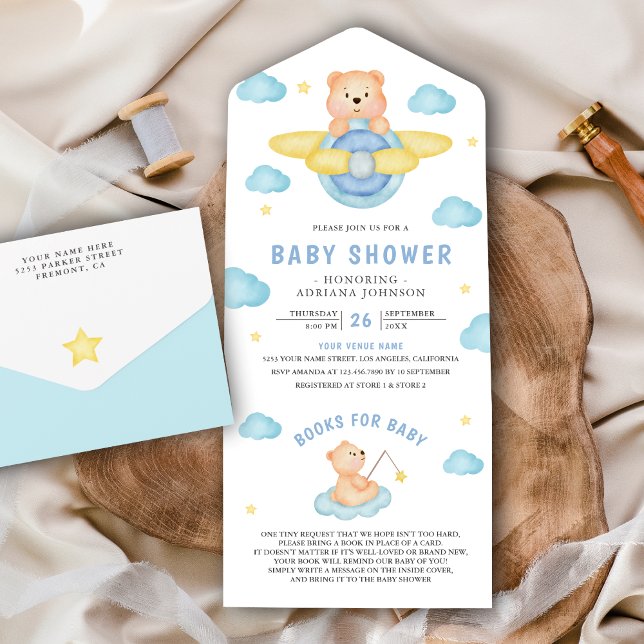 Invitation Tout En Un Cute Blue Avion Boy Teddy Bear Baby shower (Créateur téléchargé)