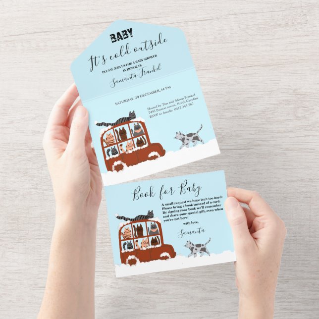 Invitation Tout En Un Cute Cats in car Winter Cold Baby Shower  (Déchirure)