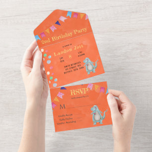 Invitation Tout En Un Cute Dinosaur Orange Aquarelle fête d'anniversaire