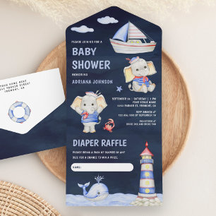 Invitation Tout En Un Cute Elephant Nautique Bateau Baby shower bleu mar