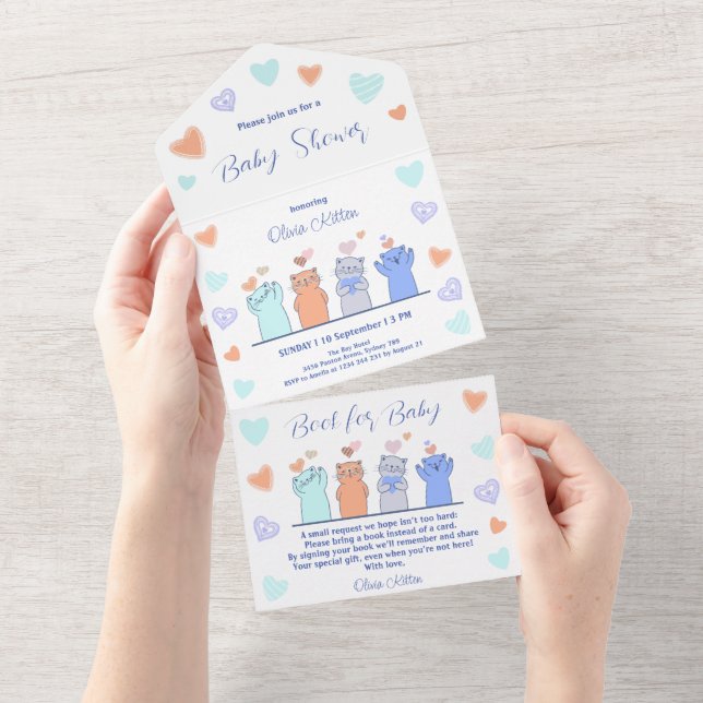 Invitation Tout En Un Cute Kitten Kitty Chats Coeurs Baby shower (Déchirure)
