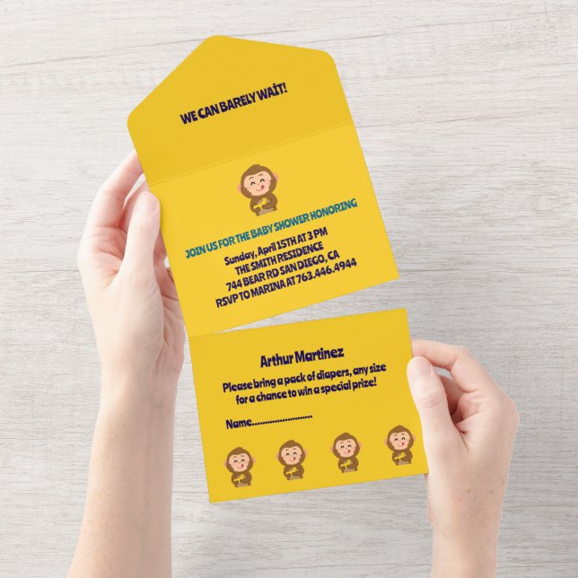 Invitation Tout En Un Cute Monkey thème Baby shower garçon (Déchirure)