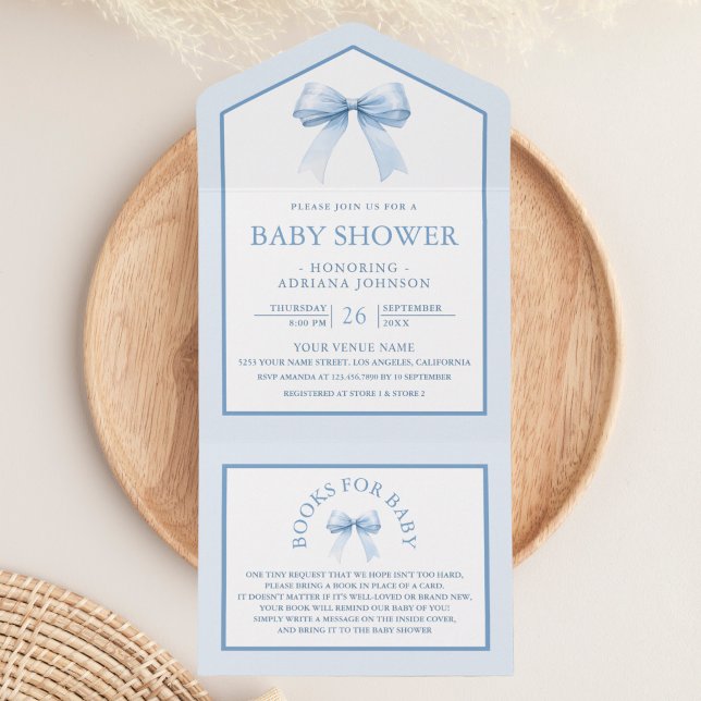 Invitation Tout En Un Cute Pastel Blue Coquette Bow Baby shower (Créateur téléchargé)