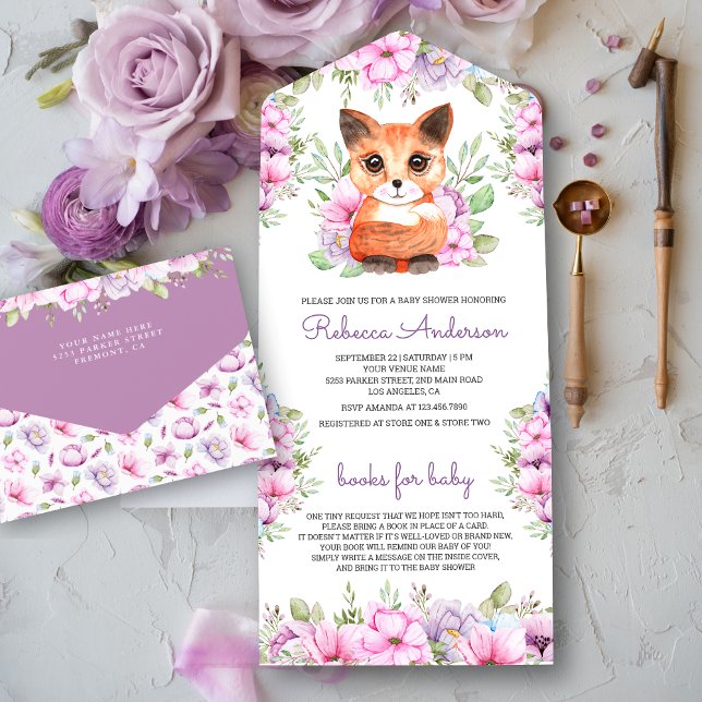 Invitation Tout En Un Cute rose violet Floral Kitten Baby shower (Créateur téléchargé)