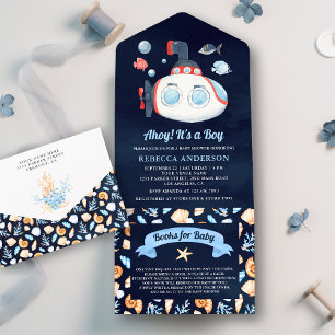 Invitation Tout En Un Cute sous-marin Nautique Baby shower bleu marine