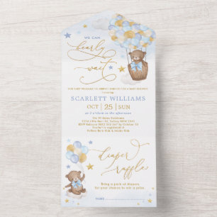 Invitation Tout En Un Cute Teddy Bear Blue Gold Balloon Baby shower garç