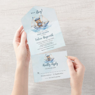 Invitation Tout En Un Cute Teddy Bear Nautical Boat Baby shower