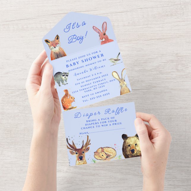 Invitation Tout En Un Cute Woodland Animals C'est un Baby shower garçon (Déchirure)