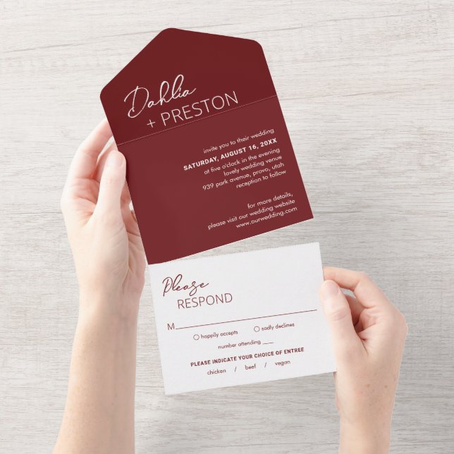 Invitation Tout En Un Dahlia Burgundy Contemporain Mariage moderne (Déchirure)