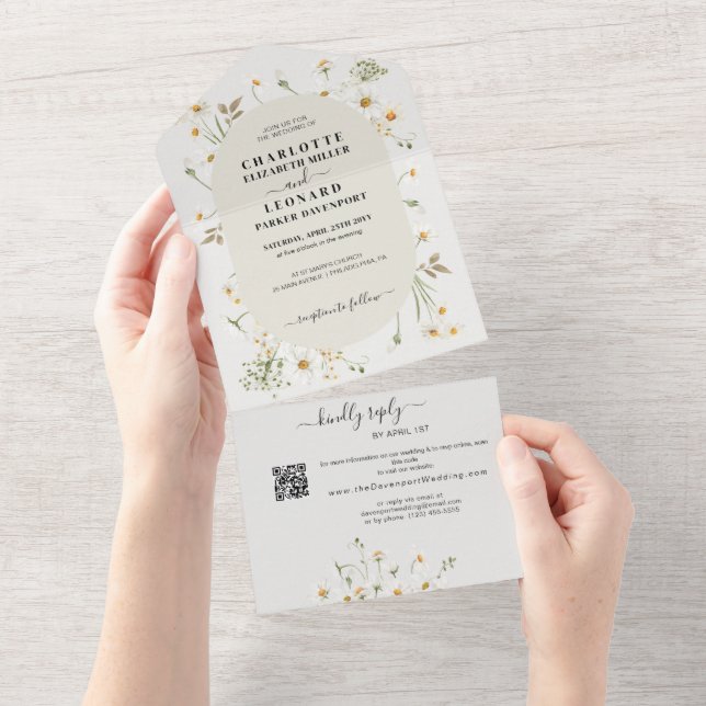 Invitation Tout En Un Daisy Fleur sauvage Mariage Qr code Rsvp (Déchirure)