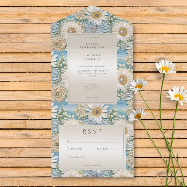 Invitation Tout En Un Daisy moderne Satin & Perles Secours Sans Dîner (Modern Daisy Satin & Pearls Relief No Dinner All In One Invitation)