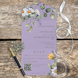 Invitation Tout En Un Daisy rustique & Lavender Floral Purple QR Code