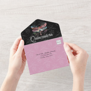 Invitation Tout En Un Damas avec la libellule Quinceañera