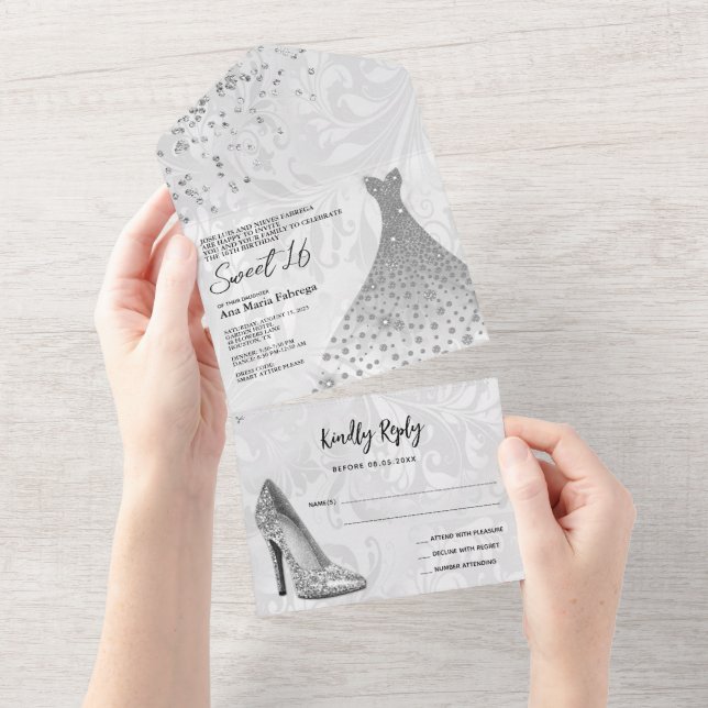 Invitation Tout En Un Damas Classy, Stiletto Argent & Gown Sweet 16 (Déchirure)