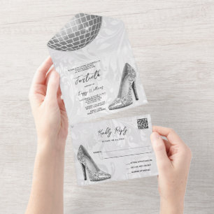 Invitation Tout En Un Damask, Silver Stilettos & Disco Ball 40th QR CODE