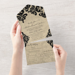 Invitation Tout En Un Damassé Floral Élégant Rustique Vintage Victorien